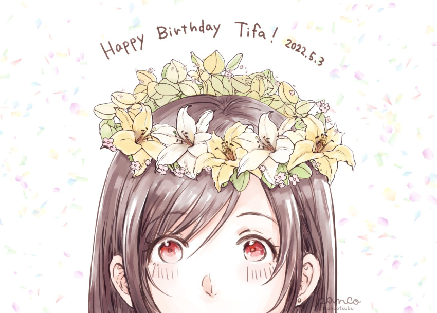 1girl ancotsubu asymmetrical_bangs bangs blush brown_hair earrings final_fantasy final_fantasy_vii final_fantasy_vii_remake floral_background flower hair_between_eyes happy_birthday head_wreath highres jewelry leaf red_eyes solo tifa_lockhart white_flower yellow_flower