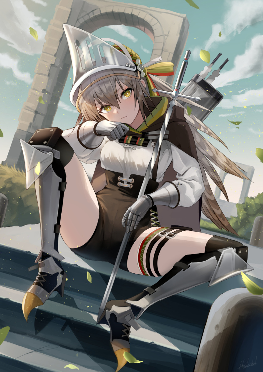 1girl absurdres arknights beruko14 black_cape cape fartooth_(arknights) feather_hair gauntlets grey_hair high-waist_shorts highres quiver sitting thigh_pouch visor_(armor) yellow_eyes