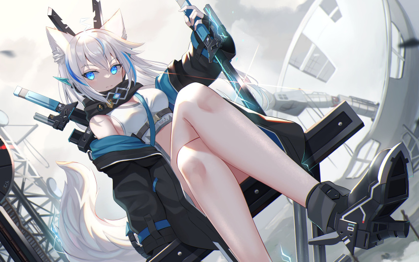 1girl absurdres animal_ears bare_legs bare_shoulders belt black_footwear black_jacket blue_eyes breasts closed_mouth crop_top crossed_legs dutch_angle expressionless fox_ears fox_girl fox_tail high_heels highres holding holding_sword holding_weapon jacket long_hair long_sleeves looking_at_viewer mechanical_ears medium_breasts midriff mirufuaa multicolored_hair off_shoulder open_clothes open_jacket original satellite_dish scarf shirt shoes sitting sleeveless sleeveless_shirt solo streaked_hair sword tail thighs weapon weapon_on_back white_hair white_shirt