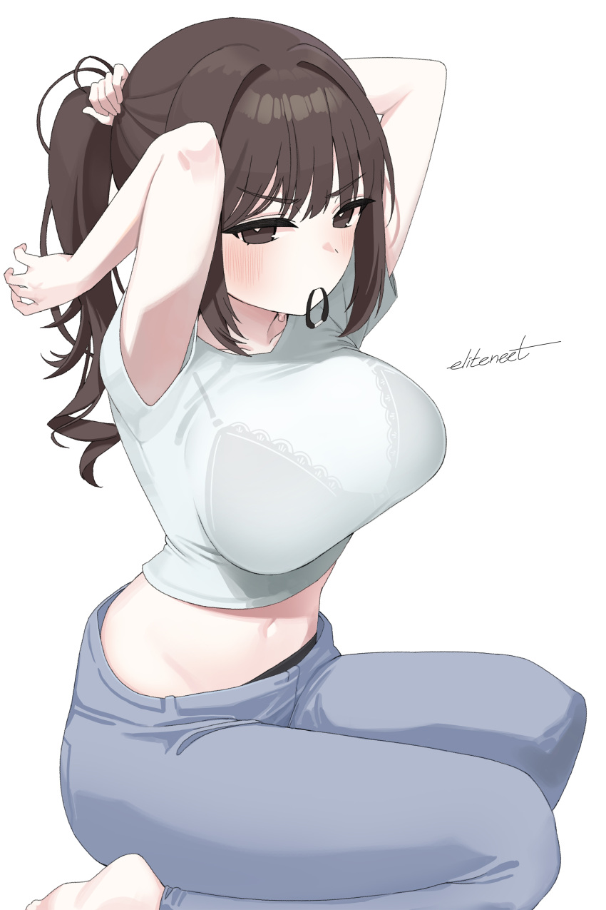 1girl absurdres arms_up black_eyes black_panties bra bra_visible_through_clothes breasts brown_hair crop_top eliteneet frown grey_pants hair_tie_in_mouth highres lace-trimmed_bra lace_trim large_breasts long_hair looking_at_viewer midriff mouth_hold navel original panties pants panty_peek ponytail see-through shirt short_sleeves solo spaghetti_strap stomach sweat tying_hair underwear v-shaped_eyebrows white_shirt