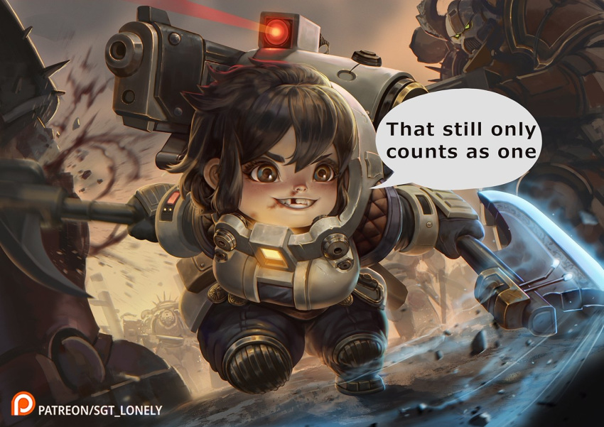 1girl armor attack axe battle battle_axe black_hair blood breastplate breasts brown_eyes bruise bruise_on_face chaos_(warhammer) chaos_space_marine dual_wielding dwarf english_commentary english_text height_difference holding injury large_breasts laser laser_sight multiple_boys parody power_armor sgt_lonely short_hair shortstack shoulder_cannon solo_focus speech_bubble squats_(warhammer_40k) surrounded the_lord_of_the_rings tolkien's_legendarium tooth_gap war_hammer warhammer_40k weapon