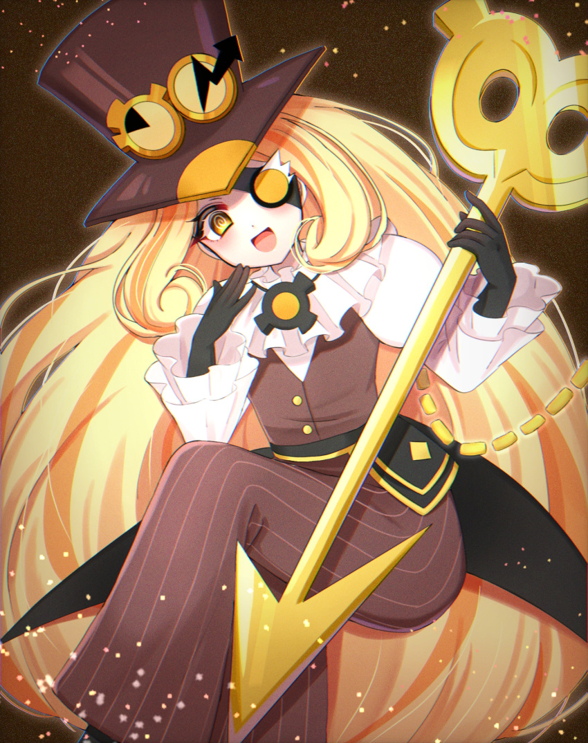 1girl @_@ blonde_hair blush cookie_run crossed_legs eyepatch frills goggles goggles_on_headwear half-closed_eyes hat highres hip_armor holding holding_key invisible_chair jewelry juliet_sleeves key light_particles long_hair long_sleeves looking_at_viewer necklace nikaidou_(pixiv2510) ojou-sama_pose oversized_object pants pinstripe_pattern puffy_sleeves sitting solo steampunk striped timekeeper_cookie top_hat very_long_hair vest waist_cape yellow_eyes