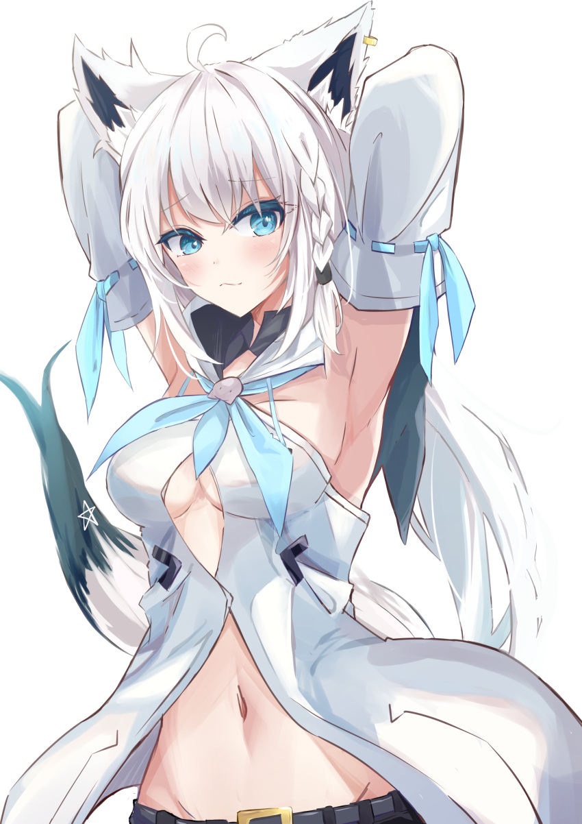 1girl absurdres ahoge animal_ear_fluff animal_ears armpits arms_behind_head arms_up bangs black_bow black_shorts blue_neckerchief blush bow braid breasts commentary_request detached_sleeves earrings eyebrows_visible_through_hair fox_ears fox_girl fox_tail green_eyes hair_between_eyes hair_bow highres hololive hood hoodie jewelry long_hair looking_at_viewer medium_breasts midriff mikazuki1613 navel neckerchief pentagram shirakami_fubuki short_shorts shorts sidelocks simple_background single_braid solo tail virtual_youtuber white_background white_hair white_hoodie