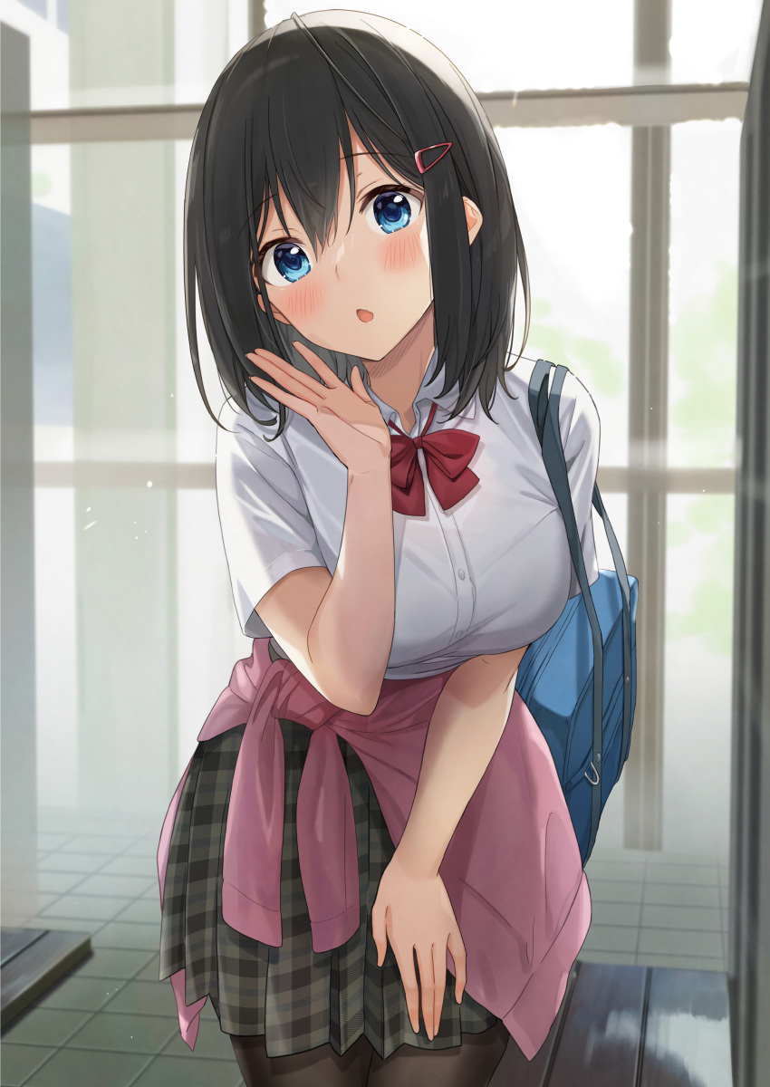 1girl absurdres azuki_yui bag bangs black_hair blue_eyes blush bow breasts buttons clothes_around_waist hair_ornament hairclip hand_up highres holding leaning_forward looking_at_viewer medium_breasts medium_hair melonbooks open_mouth original pantyhose pleated_skirt school_bag school_uniform short_sleeves simple_background skirt solo