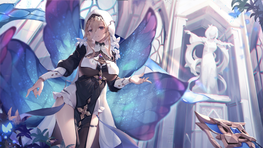 1girl aponia_(honkai_impact) architecture asc11 blonde_hair bloomers breasts brooch butterfly_wings chinese_commentary church commentary_request flower gold_trim gothic_architecture grey_eyes habit hair_between_eyes hand_up highres honkai_(series) honkai_impact_3rd jewelry large_breasts looking_at_viewer nun outdoors pelvic_curtain plant side_slit sidelocks smile solo statue underwear white_flower window wings