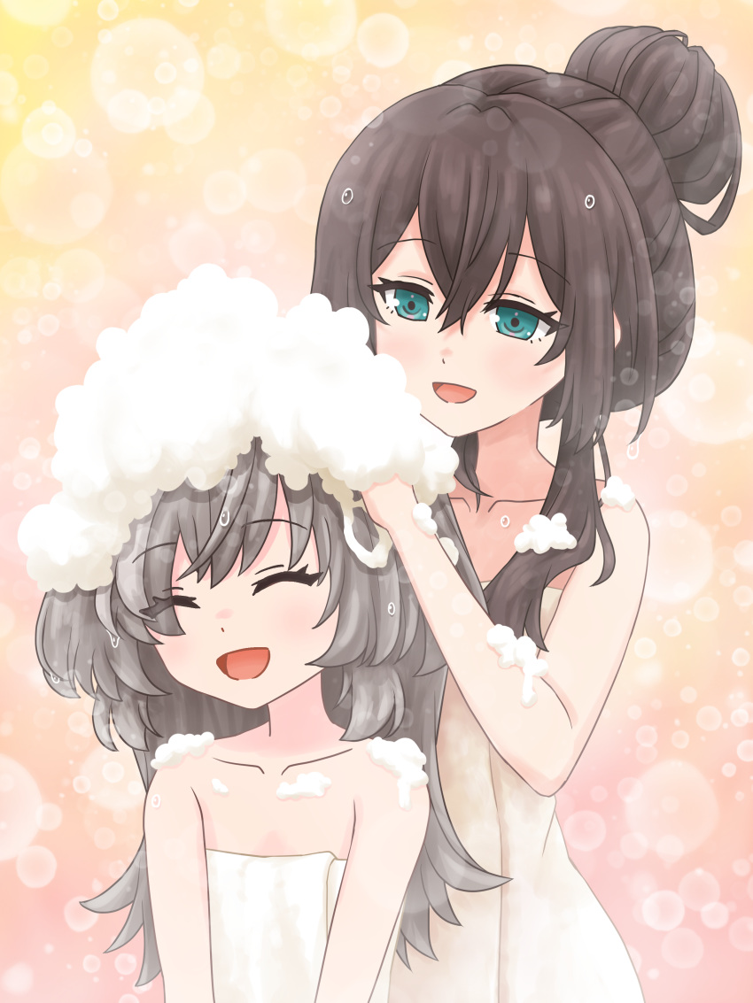 2girls :d ^_^ absurdres aqua_eyes assault_lily bangs bare_arms bare_shoulders behind_another brown_hair bubble closed_eyes collarbone commentary_request crossed_bangs eyebrows_visible_through_hair flat_chest funoki gradient gradient_background grey_hair hair_between_eyes hair_bun hand_up highres light_blush long_hair looking_at_another multiple_girls naked_towel official_alternate_hairstyle open_mouth orange_background pink_background sasaki_ran serizawa_chikaru sidelocks smile soap towel upper_body washing_hair water_drop wet wet_hair