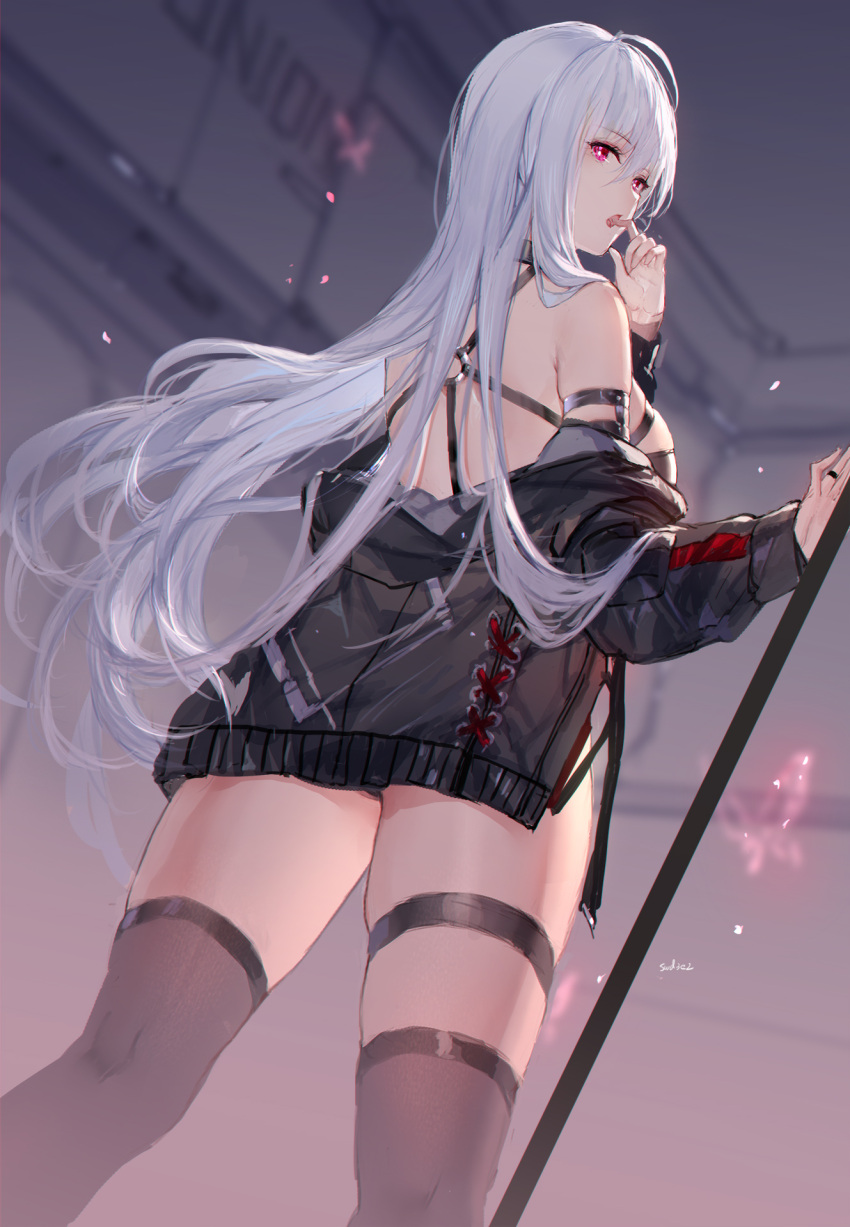 1girl bare_shoulders black_jacket black_legwear closers from_behind highres jacket jewelry long_hair long_sleeves looking_at_viewer looking_back mirae_(closers) o-ring off_shoulder open_mouth ring solo standing swd3e2 thigh-highs thigh_strap thighs violet_eyes white_hair