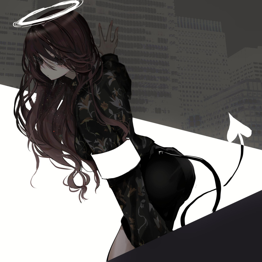 1girl absurdres armband black_dress black_eyes brown_hair closed_mouth demon_tail dress fingernails from_side halo hand_up highres leaning_forward long_fingernails long_hair long_sleeves looking_at_viewer looking_to_the_side nail_polish narue original pink_nails solo tail