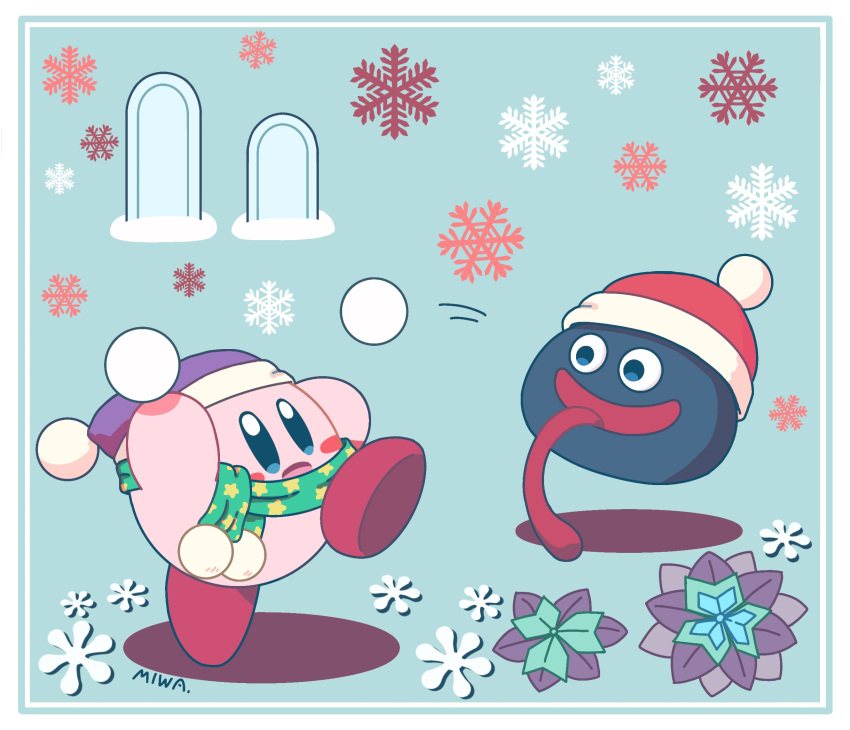 arm_up artist_name beanie blue_background blue_eyes blush blush_stickers border commentary_request eye_contact full_body fur-trimmed_headwear gooey_(kirby) green_scarf happy hat highres holding holding_snowball kirby kirby_(series) leg_up long_tongue looking_at_another miwa_(ahyuck) motion_lines no_humans open_mouth pom_pom_(clothes) purple_headwear red_headwear scarf signature slime_(creature) smile snowball snowball_fight snowflakes solid_oval_eyes standing standing_on_one_leg star_(symbol) star_print throwing tongue tongue_out white_border