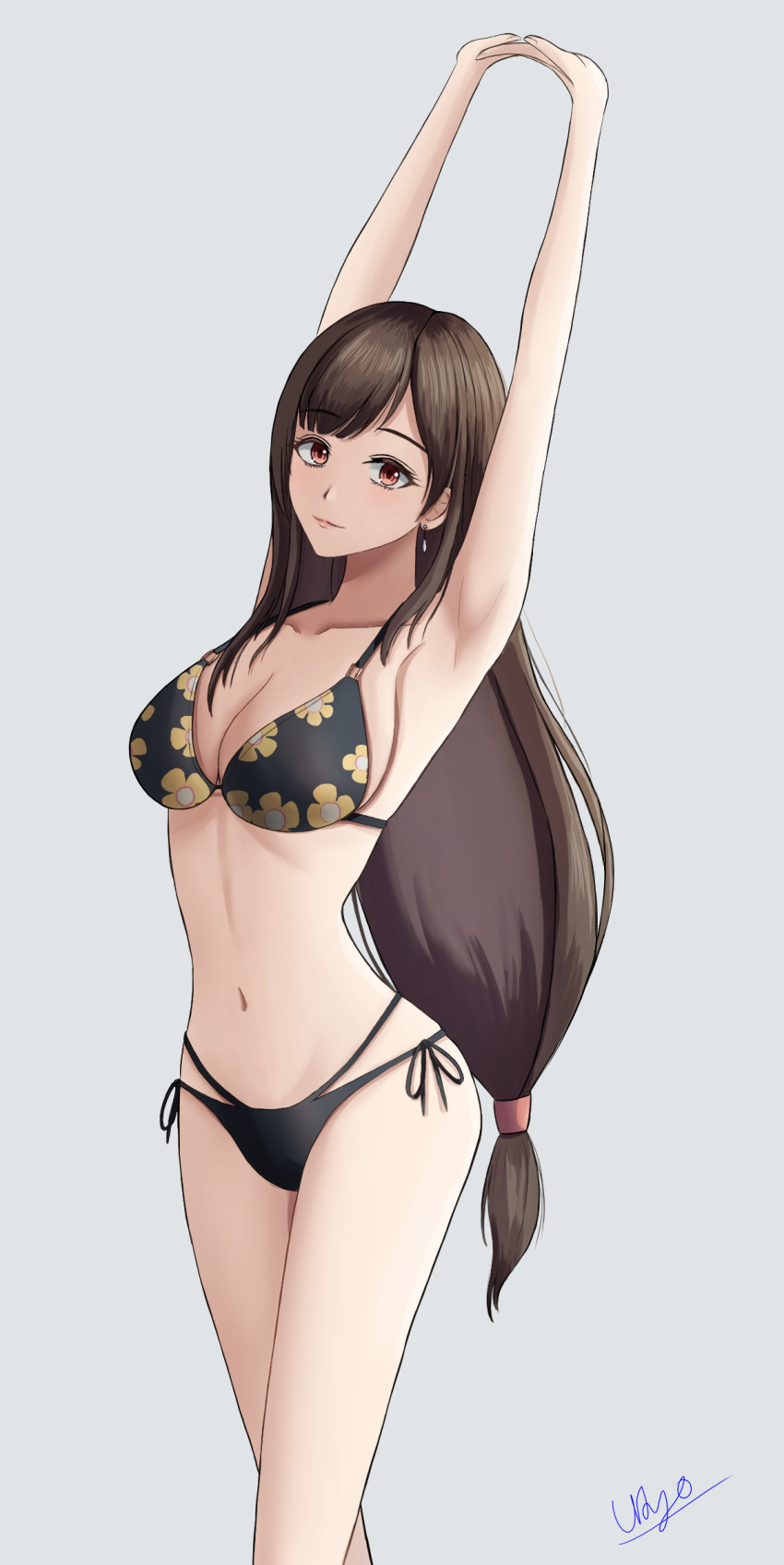 1girl absurdres armpits arms_up bikini breasts brown_hair closed_eyes cosplay feet_out_of_frame final_fantasy final_fantasy_vii final_fantasy_vii_remake floral_print highres kitagawa_marin kitagawa_marin_(cosplay) large_breasts long_hair looking_at_viewer low-tied_long_hair navel red_eyes side-tie_bikini simple_background solo sono_bisque_doll_wa_koi_wo_suru stomach swimsuit tifa_lockhart user_xmua8883