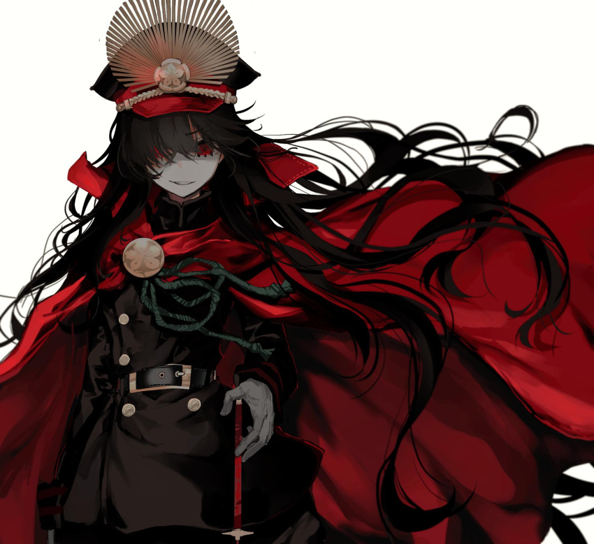 1girl belt belt_buckle black_belt black_hair black_headwear black_jacket black_pants brooch buckle buttons cape commentary_request cowboy_shot double-breasted evil_grin evil_smile family_crest fate/grand_order fate_(series) gloves gold_trim grin hat highres jacket jewelry koha-ace long_hair looking_at_viewer military military_hat military_jacket military_uniform narue oda_nobunaga_(fate) oda_nobunaga_(koha-ace) oda_uri pants partial_commentary peaked_cap red_cape shaded_face sheath sheathed smile solo sword uniform very_long_hair weapon white_gloves