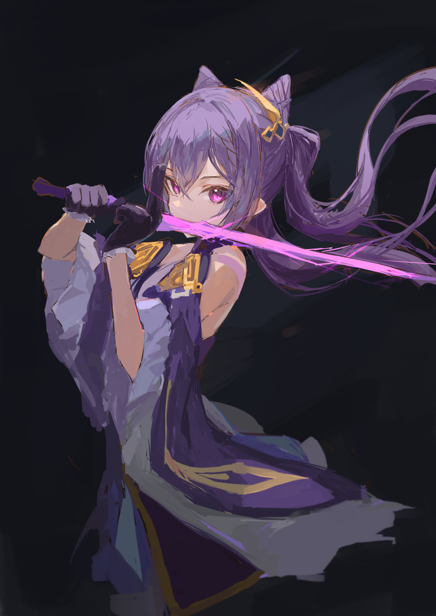 1girl absurdres black_background black_gloves covering_mouth detached_sleeves dress floating_hair genshin_impact gloves hair_between_eyes hair_cones hair_ornament highres holding holding_sword holding_weapon ichika_(ichika87) keqing_(genshin_impact) long_hair looking_at_viewer purple_dress purple_hair solo sword twintails upper_body violet_eyes weapon wide_sleeves