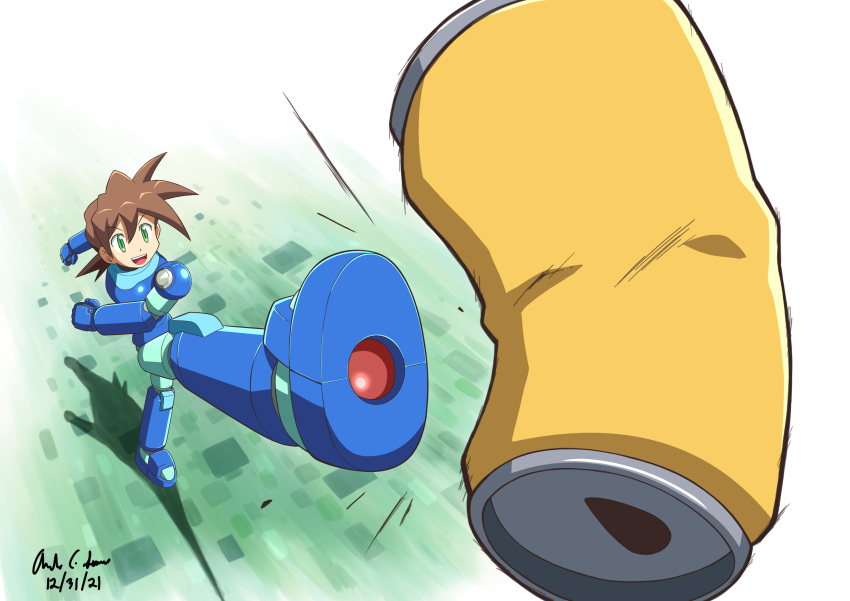 1boy :d absurdres android artist_name blue_armor brown_hair can dated english_commentary from_above full_body green_eyes highres innovator123 kicking leg_up male_focus mega_man_(series) mega_man_legends mega_man_volnutt open_mouth robot shadow short_hair simple_background smile solo standing standing_on_one_leg teeth upper_teeth white_background