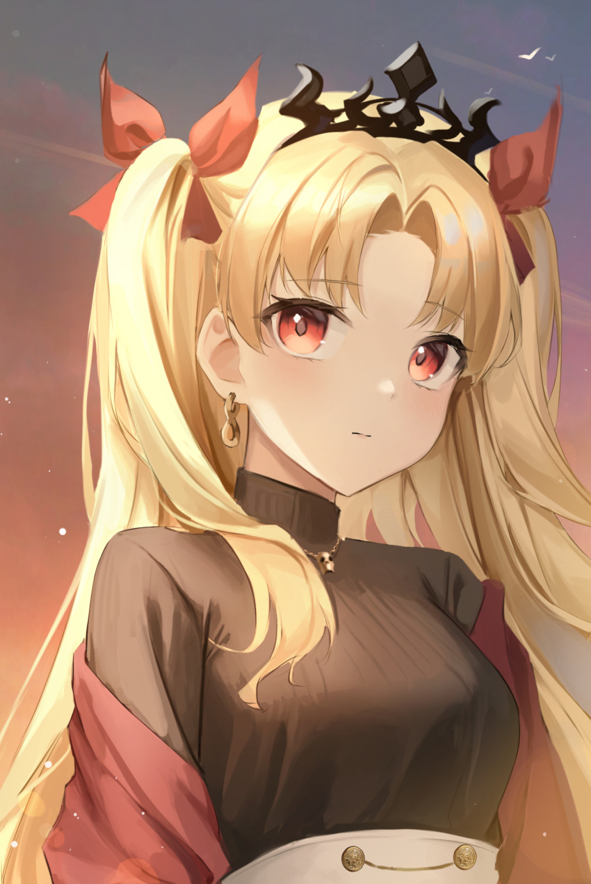 1girl animal bangs bird black_sweater blonde_hair blush closed_mouth commentary earrings english_commentary ereshkigal_(fate) eyebrows_visible_through_hair fate/grand_order fate_(series) hair_ribbon highres jacket jewelry kyo_(maae00) long_hair necklace off_shoulder outdoors parted_bangs red_eyes red_jacket red_ribbon ribbon skull_necklace sky solo sweater tiara turtleneck turtleneck_sweater two_side_up upper_body very_long_hair