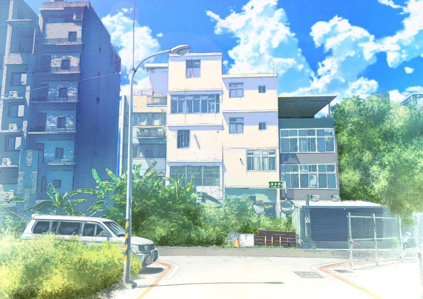 absurdres apartment blue_sky building bush clouds cloudy_sky commentary_request daidai_(daidai826) fence ground_vehicle highres lamppost motor_vehicle no_humans original outdoors road scenery sky street traffic_cone tree van