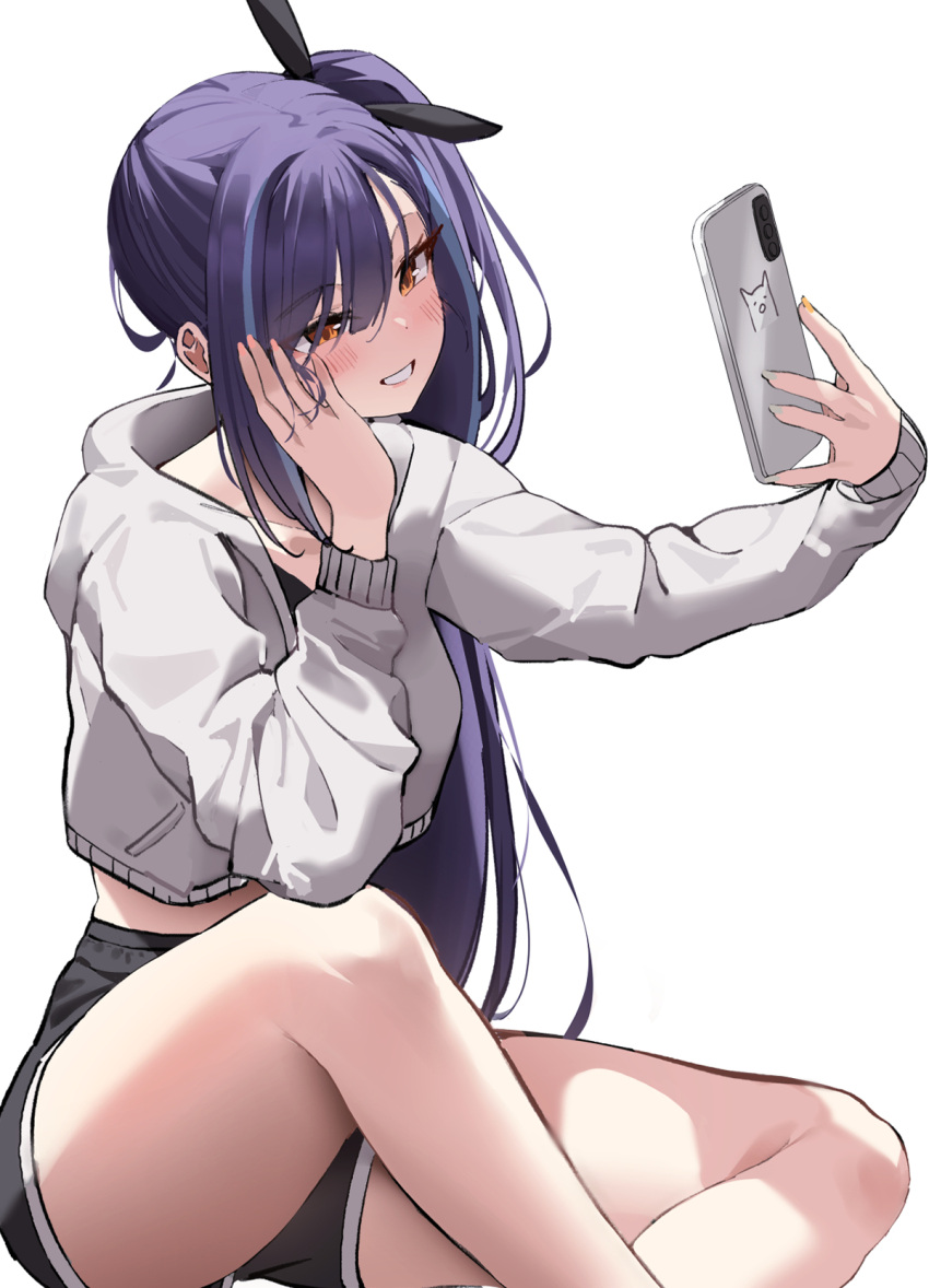 1girl bangs black_shorts blue_hair blush breasts brown_eyes cellphone cropped_sweater grey_sweater grin highres k_pring large_breasts long_hair long_sleeves original phone selfie short_shorts shorts side_ponytail smile solo sweater