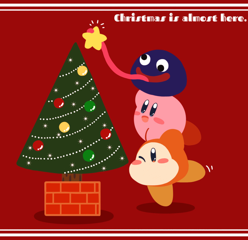 absurdres arm_up bauble black_eyes blue_eyes blush blush_stickers christmas christmas_tree commentary_request dragon_quest english_text full_body happy highres kirby kirby_(series) leg_up long_tongue miwa_(ahyuck) motion_lines no_humans no_mouth notice_lines one_eye_closed open_mouth red_background simple_background slime_(creature) slime_(dragon_quest) smile solid_oval_eyes standing standing_on_one_leg star_(symbol) tongue tongue_hold tongue_out waddle_dee wall-eyed wince