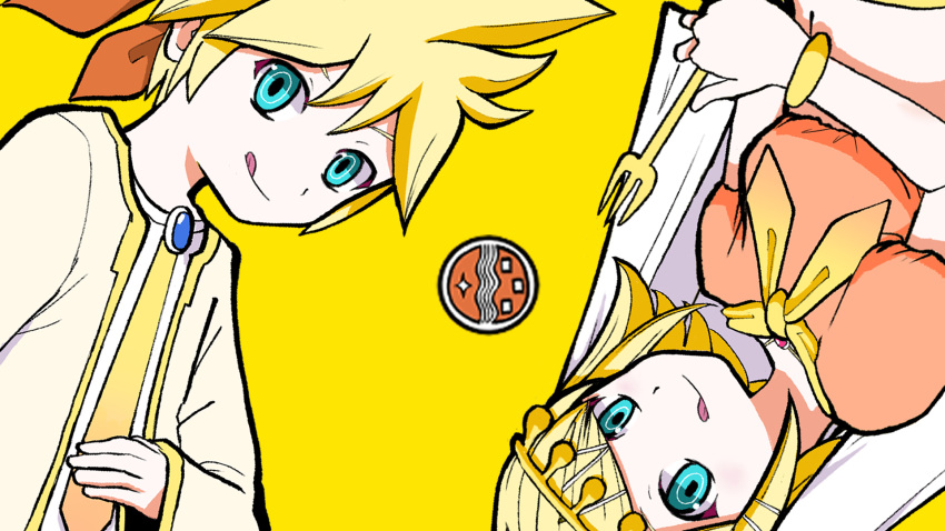 bangs blonde_hair bracelet brother_and_sister commentary_request cosmospice_(vocaloid) fork hair_ornament highres holding holding_fork jacket jewelry kagamine_len kagamine_rin licking_lips midriff neckerchief necktie official_art open_clothes open_jacket original pinocchio-p siblings simple_background tongue tongue_out traditional_clothes turban twins veil vocaloid yellow_background yellow_neckerchief yellow_necktie yellow_theme
