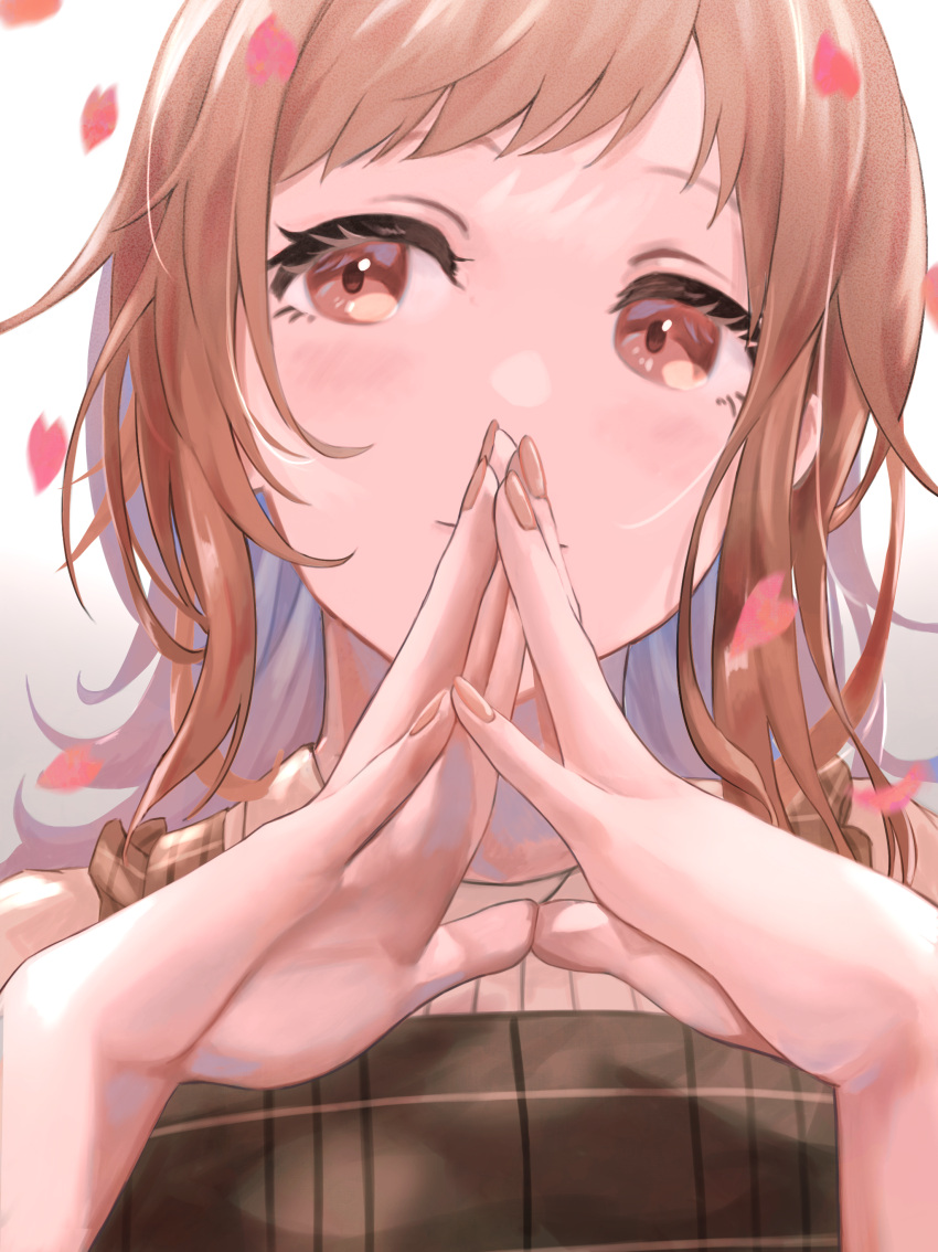 1girl absurdres blush brown_hair cherry_blossoms falling_petals fingers_together highres idolmaster idolmaster_shiny_colors inumantle light_smile looking_afar own_hands_together petals sakuragi_mano simple_background solo upper_body white_background