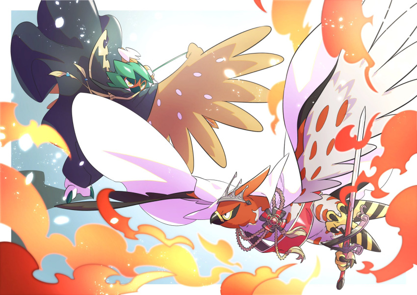 bird black_eyes blurry border closed_mouth decidueye fire highres holding holding_sword holding_weapon no_humans pkpokopoko3 pokemon pokemon_(creature) red_pupils sword talonflame talons tiara weapon white_border yellow_eyes