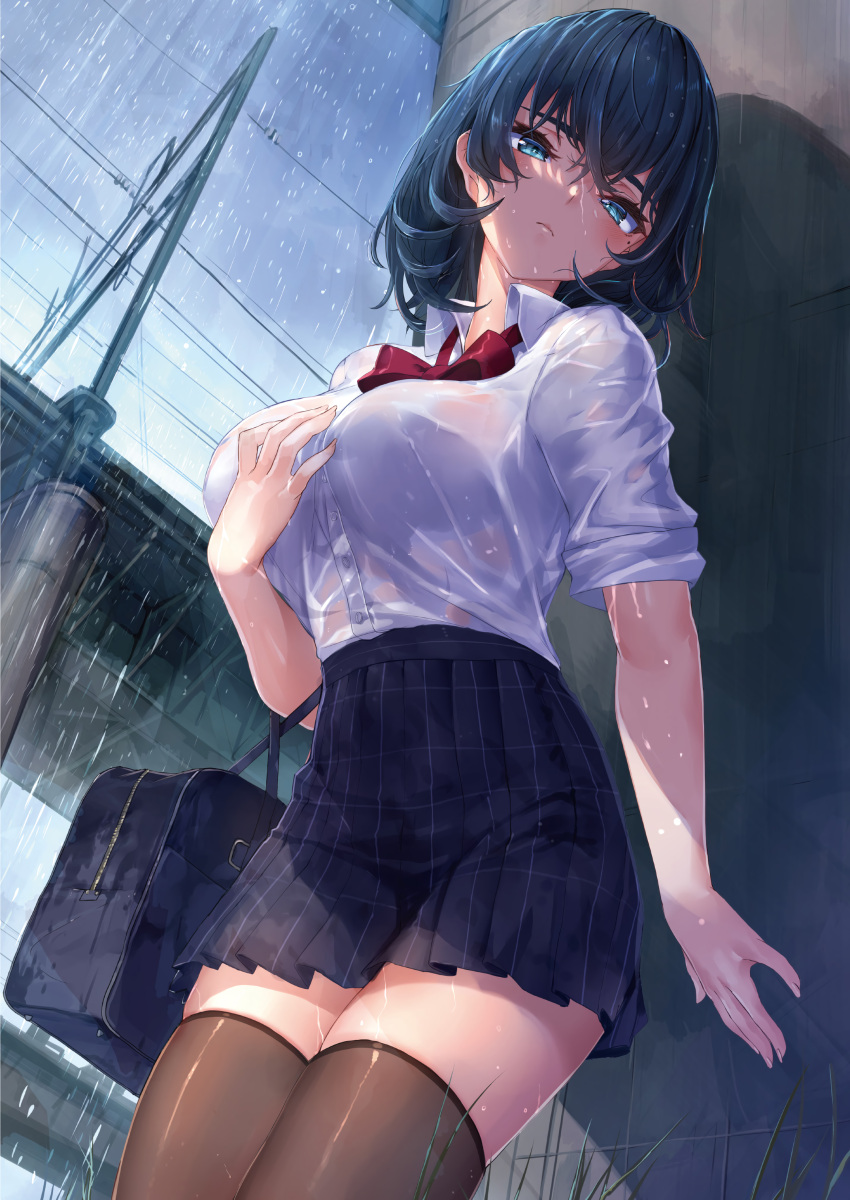 1girl absurdres akasaai bag bangs black_legwear blue_eyes blue_hair blush bow breasts buttons closed_mouth fingernails hand_on_own_chest highres holding large_breasts lips looking_at_viewer medium_hair melonbooks mole mole_under_eye original outdoors pleated_skirt rain school_bag school_uniform shiny shiny_clothes shiny_hair shirt short_sleeves simple_background skirt solo thigh-highs water water_drop wet wet_clothes zettai_ryouiki