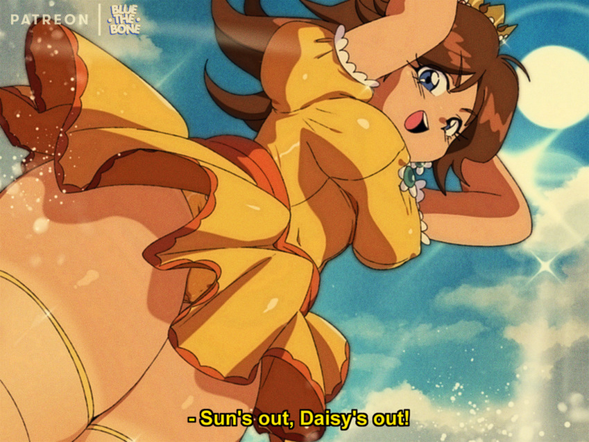 1980s_(style) 1990s_(style) 1girl arms_up artist_name blue_eyes bluethebone breasts brown_hair clouds cloudy_sky covered_nipples crown dress english_commentary english_text eyebrows_visible_through_hair film_grain large_breasts panties pantyshot princess_daisy puffy_short_sleeves puffy_sleeves retro_artstyle short_sleeves sky solo subtitled super_mario_bros. thigh-highs thighs underwear v-shaped_eyebrows yellow_dress yellow_panties