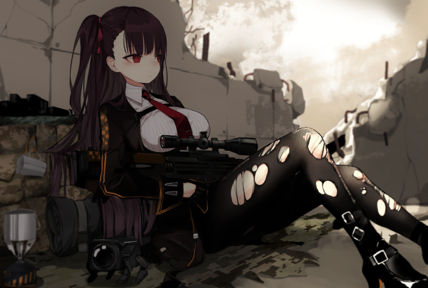 1girl bangs black_footwear black_legwear black_skirt blazer blush braid bullpup closed_mouth collared_shirt dinergate_(girls'_frontline) eyebrows_visible_through_hair framed_breasts girls_frontline gun hair_ribbon half_updo high-waist_skirt jacket long_hair narue necktie pantyhose purple_hair red_eyes red_necktie red_ribbon ribbon rifle ruins shirt shoes skirt sniper_rifle solo strap torn_clothes torn_legwear very_long_hair wa2000_(girls'_frontline) walther walther_wa_2000 weapon white_shirt