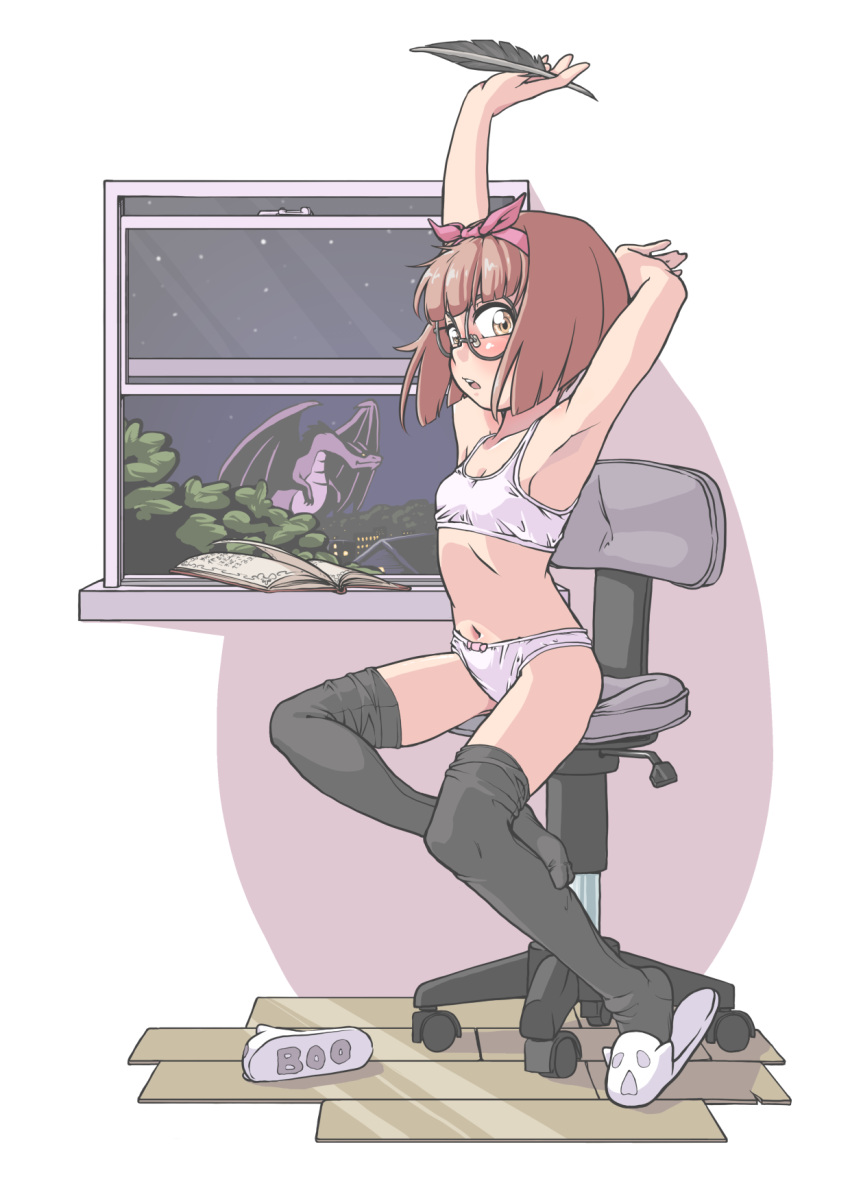 1girl arm_above_head arm_behind_head black_legwear blush bookmark bow bow_panties bra breasts brown_hair cardcaptor_sakura chair dragon glasses hair_bow highres horns jarv looking_at_viewer loose_thighhigh navel office_chair open_mouth panties pink_bow quill short_hair single_slipper slippers small_breasts solo stretch thigh-highs thighs tree underwear white_panties window wooden_floor yanagisawa_naoko