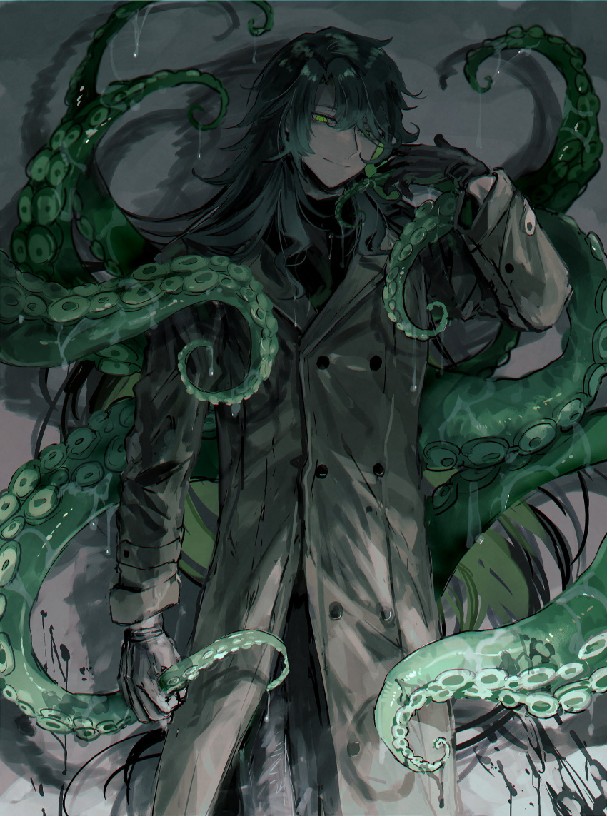 1boy absurdres black_blood black_gloves black_legwear black_pants black_sweater blood coat colored_inner_hair cowboy_shot fuji_den_fujiko full_body gloves green_eyes green_hair grey_background hand_up highres long_coat long_hair looking_at_viewer male_focus monster_boy multicolored_hair original pants shadow slime_(substance) smile solo suction_cups sweater tentacles trench_coat turtleneck turtleneck_sweater very_long_hair