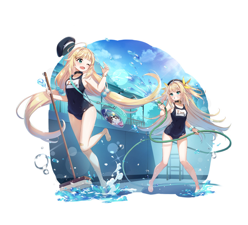 2girls absurdres ahoge artist_request bag bandaid bandaid_on_leg bare_legs barefoot bell blonde_hair blue_swimsuit cleaning_brush clenched_teeth collar counter:side covered_navel day eins_(counter:side) empty_pool fang green_eyes hair_ribbon happy hat highres holding holding_hose hose light_blush long_hair low_twintails multiple_girls name_tag neck_bell official_art one-piece_swimsuit one_eye_closed open_mouth outdoors pool pool_ladder ribbon school_swimsuit shoulder_bag skin_fang smile splashing spraying swimsuit teeth transparent transparent_background twintails two_side_up water water_drop yellow_ribbon zwei_(counter:side)