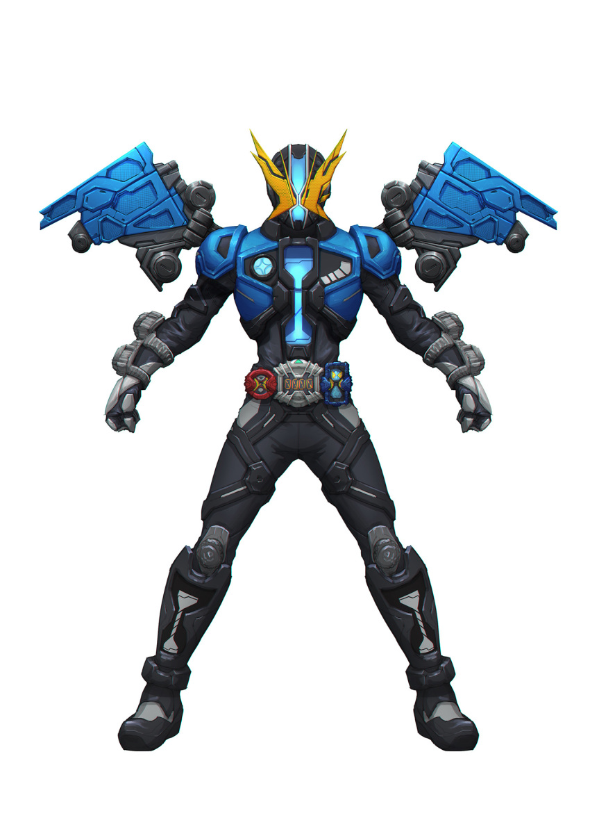 1boy armor black_bodysuit black_footwear black_gloves blue_armor blue_wings bodysuit boots flying geiz_revive geiz_revive_shippu gloves highres holding holding_weapon horns hourglass kamen_rider kamen_rider_geiz kamen_rider_zi-o_(series) knee_up male_focus official_alternate_costume peihao_wang revive_ridewatch tokusatsu weapon wings yellow_eyes yellow_horns