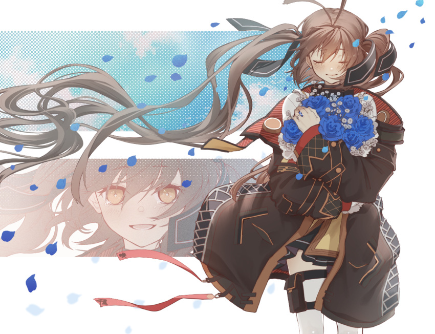 1girl bangs blue_flower blue_rose blush bouquet brown_hair brown_jacket closed_mouth commentary commission eyebrows_visible_through_hair feet_out_of_frame flower girls_frontline hair_ribbon holding holding_bouquet holding_flower jacket light_brown_eyes long_hair looking_at_viewer m14_(girls'_frontline) open_clothes open_jacket open_mouth parted_lips petals rabb_horn ribbon rose simple_background skeb_commission smile solo standing tears twintails