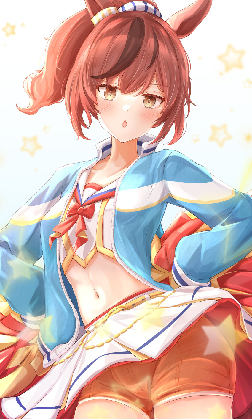 1girl absurdres animal_ears bow bowtie brown_eyes brown_hair chestnut_mouth crop_top highres holding holding_pom_poms horse_ears jacket midriff multicolored_hair navel nice_nature_(umamusume) open_clothes open_jacket pom_pom_(cheerleading) red_bow red_bowtie sailor_collar shorts shorts_under_skirt sky_cappuccino solo streaked_hair umamusume