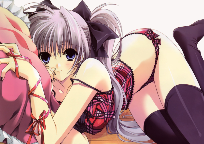 1girl absurdres arm_ribbon black_legwear black_nails blue_eyes blush bow camisole hair_bow highres light_purple_hair light_smile lingerie looking_at_viewer lying nail_polish on_side original panties photoshop_(medium) pillow pink_hair ribbon scan solo strap_slip suzuhira_hiro thigh-highs twintails underwear