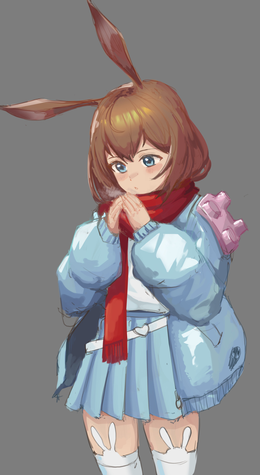 1girl absurdres amiya_(arknights) animal_ear_fluff animal_ear_legwear animal_ears arknights bangs blue_jacket blue_skirt breathing_on_hands brown_hair bunny_ear_legwear commentary enpera fringe_trim grey_background highres jacket long_hair long_sleeves open_clothes open_jacket puffy_long_sleeves puffy_sleeves rabbit_ears radioneet red_scarf scarf shirt simple_background skirt sleeves_past_wrists solo thigh-highs white_legwear white_shirt