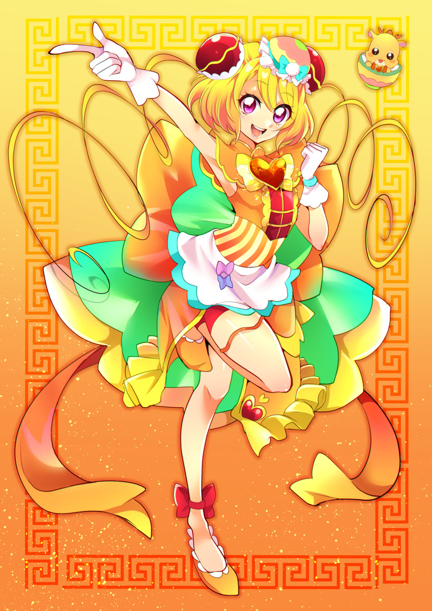 1girl absurdres ankle_bow apron arm_up back_bow bike_shorts blonde_hair bow bowl brooch bun_cover china_dress chinese_clothes cure_yum-yum delicious_party_precure dragon dragon_wings dress earrings eyebrows_visible_through_hair full_body gloves gradient gradient_background hair_between_eyes hanamichi_ran heart_brooch highres huge_bow jewelry long_hair magical_girl mem-mem_(precure) mitsuki_tayura orange_background orange_dress orange_footwear orange_shorts precure redhead short_hair_with_long_locks shorts sleeveless sleeveless_dress standing standing_on_one_leg two-tone_background violet_eyes waist_apron white_gloves wings yellow_background