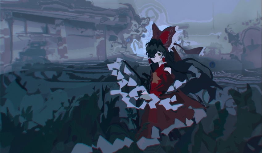1girl :/ abstract_background black_eyes black_hair bow commentary detached_sleeves dress frilled_bow frills gohei hair_bow hair_tubes hakurei_reimu highres holding_gohei kyoku_hakaimado one_eye_covered red_bow red_dress scenery solo touhou