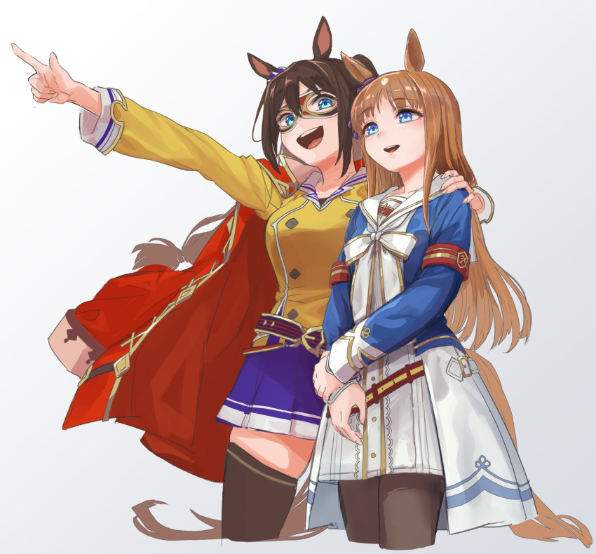 2girls animal_ears armband bangs belt benikirin blue_eyes breasts brown_hair brown_legwear buttons coat coat_on_shoulders cropped_legs domino_mask double-breasted dress el_condor_pasa_(umamusume) grass_wonder_(umamusume) grey_background hand_on_another's_shoulder highres holding_own_arm horse_ears horse_girl horse_tail jacket long_sleeves mask medium_breasts multiple_girls open_mouth pointing purple_skirt red_coat skirt small_breasts smile tail thigh-highs umamusume white_dress yellow_jacket