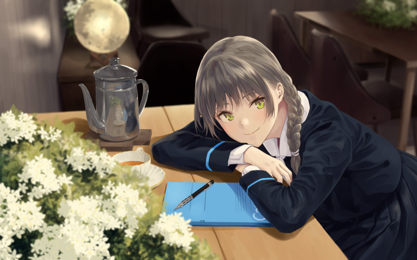1girl bangs black_shirt black_skirt blurry blurry_background blurry_foreground braid brown_hair chair closed_mouth collared_shirt commentary_request cup depth_of_field eyebrows_visible_through_hair flower green_eyes hair_over_shoulder highres hiwatari_rin indoors long_hair long_sleeves looking_at_viewer original pencil pleated_skirt saucer shirt single_braid skirt smile solo table tea teacup teapot white_flower