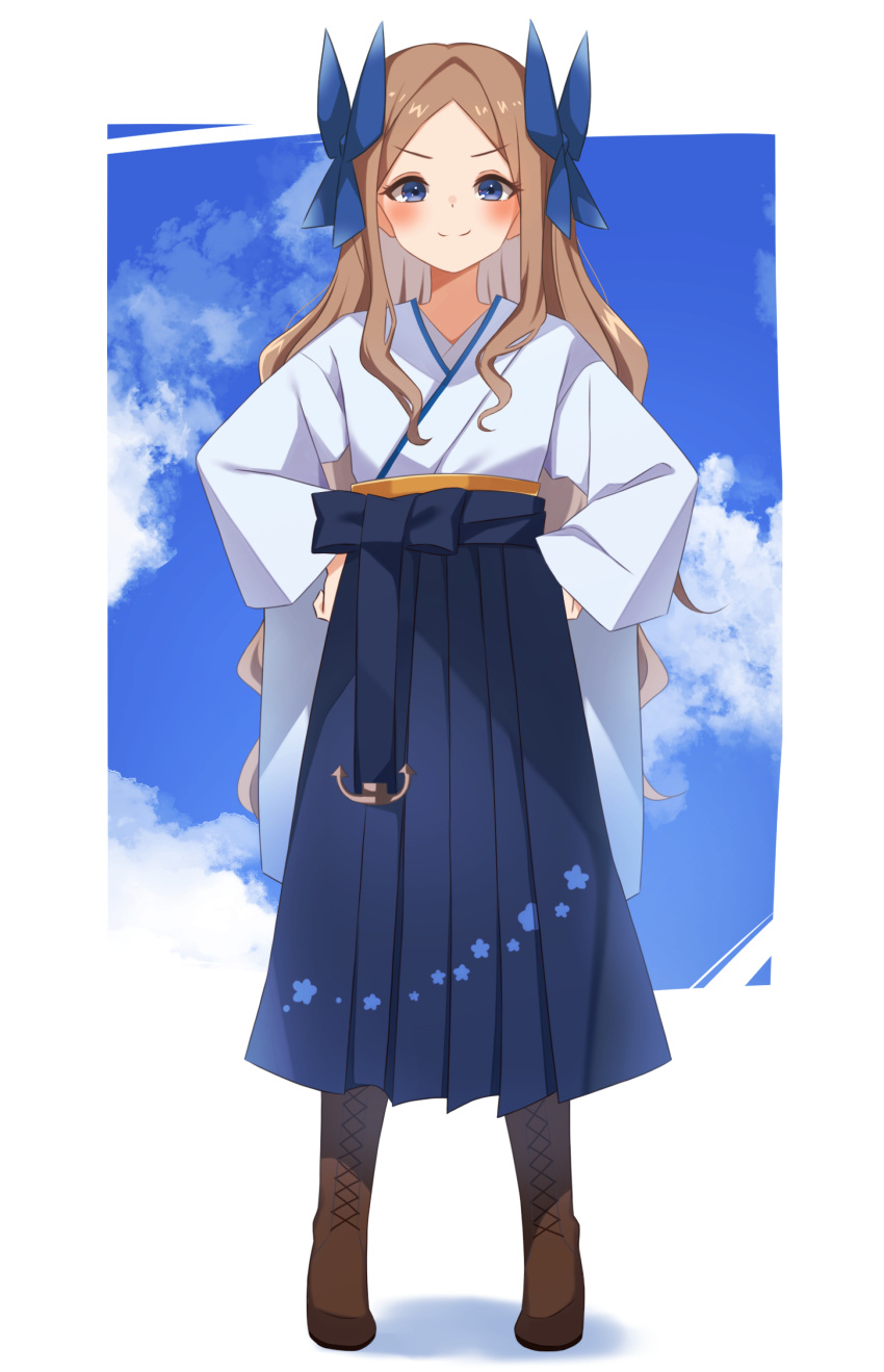 1girl absurdres asakaze_(kancolle) bangs blue_bow blue_eyes blue_hakama boots bow brown_footwear cross-laced_footwear forehead full_body hachino_mugi hair_bow hakama hakama_skirt highres japanese_clothes kantai_collection kimono knee_boots lace-up_boots light_brown_hair long_hair meiji_schoolgirl_uniform parted_bangs sidelocks skirt smile solo standing wavy_hair white_kimono wide_sleeves