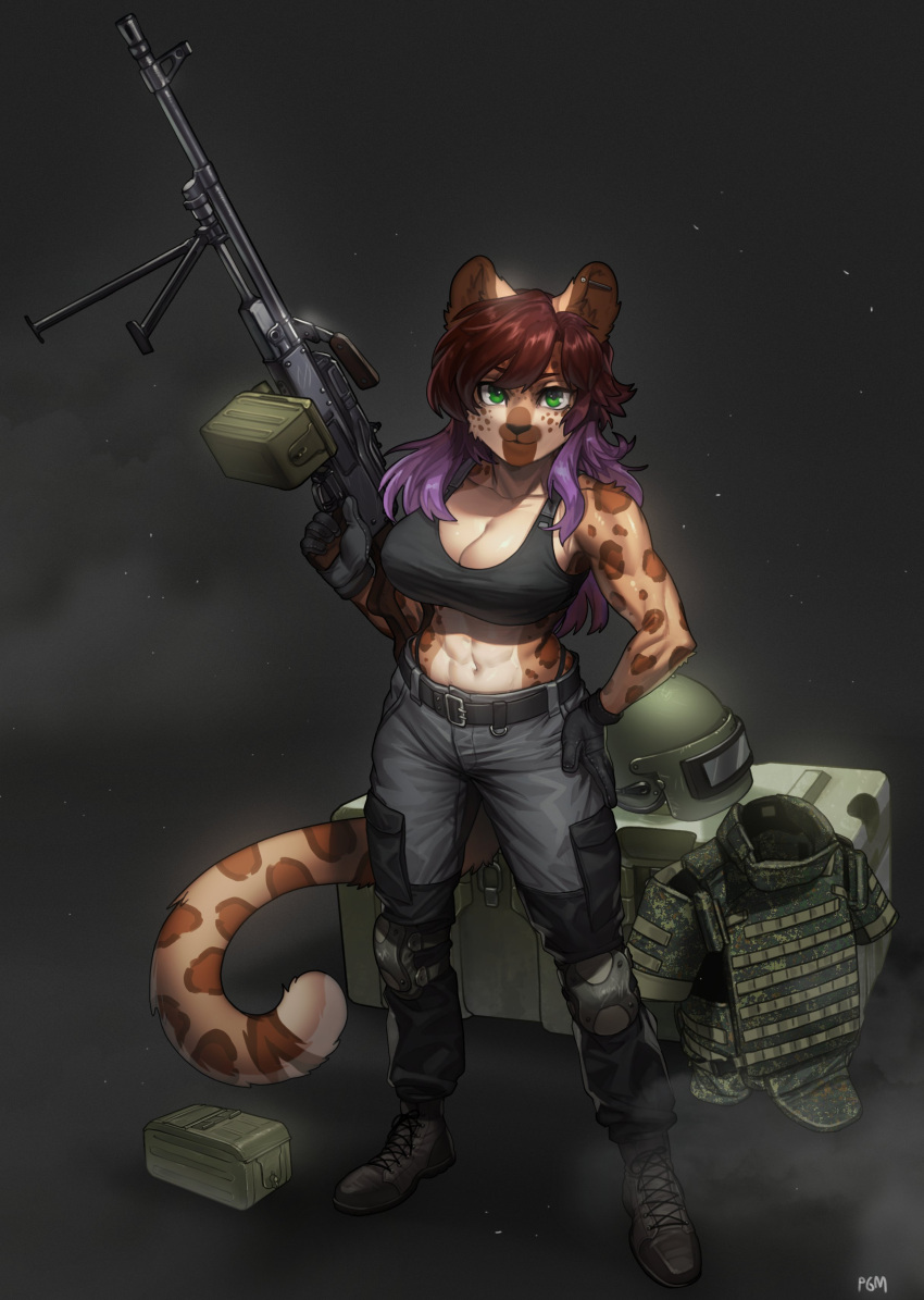 1girl abs absurdres ammunition_box animal_ears artist_name belt belt_buckle boots breasts brown_hair buckle collarbone commission full_body furry furry_female gloves gradient_hair green_eyes gun hair_between_eyes highres holding holding_gun holding_weapon knee_pads large_breasts looking_at_viewer machine_gun multicolored_hair muscular muscular_female navel original pgm300 pk_machine_gun plate_carrier purple_hair solo sports_bra standing tail trigger_discipline tripod two-tone_hair watermark weapon