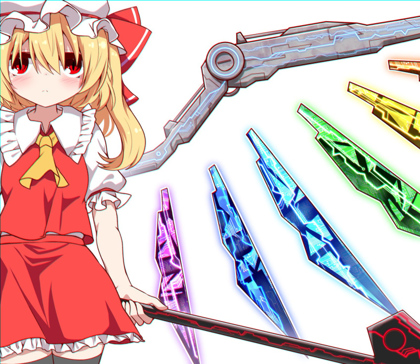 black_legwear blonde_hair closed_mouth collared_shirt commentary_request crystal flandre_scarlet frilled_skirt frills highres holding looking_at_viewer puffy_short_sleeves puffy_sleeves rankasei red_eyes red_skirt red_vest shirt short_sleeves simple_background skirt solo thigh-highs touhou vest white_background white_shirt wings zettai_ryouiki