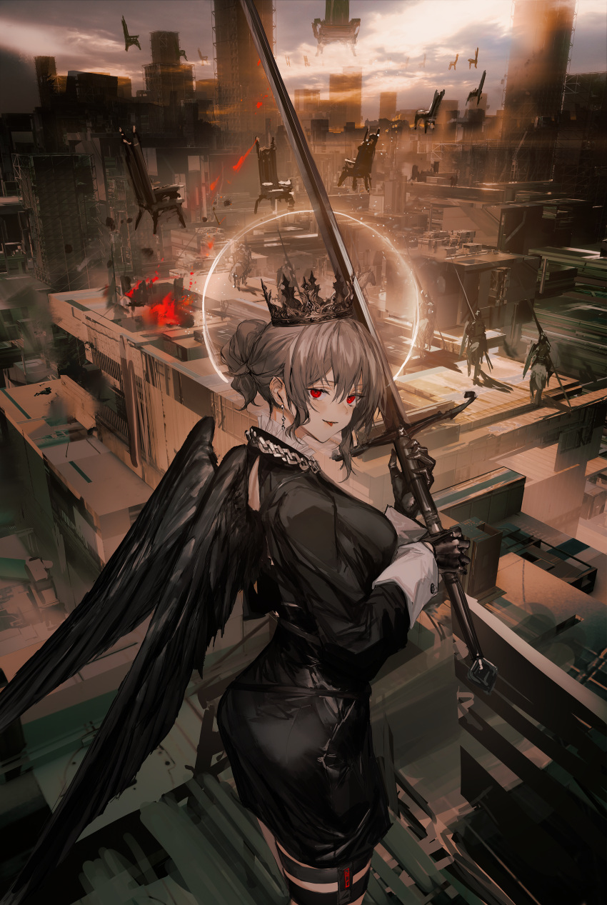 1girl 6+others absurdres bangs bird_wings black_dress black_gloves black_wings building chair city commentary cowboy_shot crown dress earrings floating floating_object frills gloves grey_hair hair_between_eyes hair_bun halo highres holding holding_sword holding_weapon holster horse jewelry lm7_(op-center) long_sleeves looking_at_viewer looking_back multiple_others necklace original outdoors ponytail red_eyes rooftop short_dress short_hair sidelocks solo_focus standing sword thigh_holster thigh_strap tongue tongue_out weapon wings