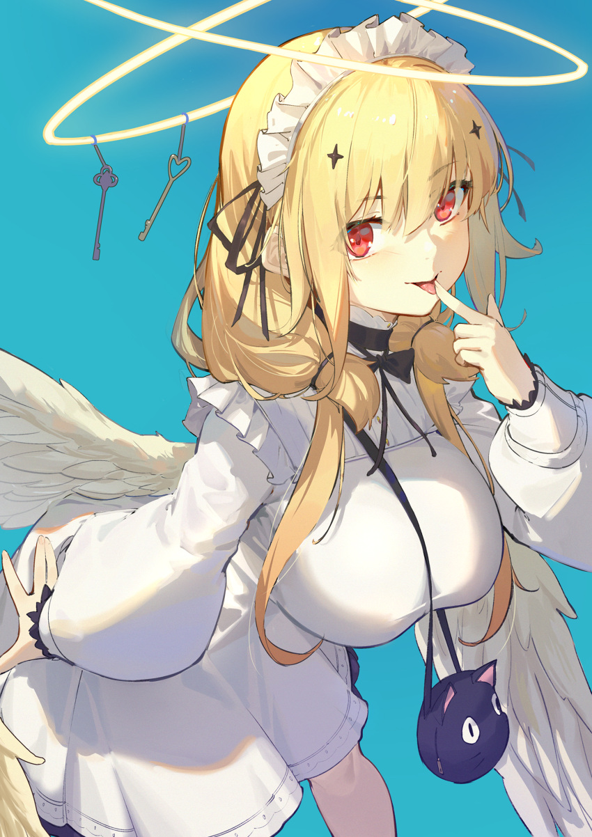 1girl absurdres animal_bag bag bangs black_choker blonde_hair blue_background breasts cat_bag choker chucolala dress eyebrows_visible_through_hair feathered_wings finger_to_mouth hair_between_eyes halo hand_up highres j.xh key large_breasts leaning_forward long_hair long_sleeves looking_at_viewer maid_headdress multiple_halos puffy_long_sleeves puffy_sleeves red_eyes shoulder_bag simple_background solo suzumiya_rin white_dress wings