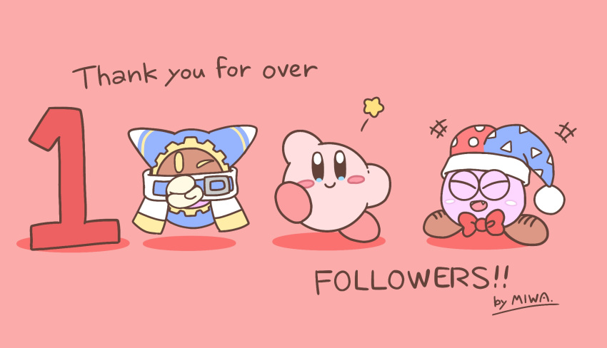 +++ 1other 2boys ^_^ artist_name belt blue_eyes blush blush_stickers bow bowtie clapping cloak closed_eyes closed_mouth commentary_request english_text fang flat_color floating full_body happy hat highres jester_cap kirby kirby_(series) leg_up looking_at_viewer magolor marx_(kirby) milestone_celebration miwa_(ahyuck) multicolored_clothes multicolored_headwear no_humans one_eye_closed open_mouth own_hands_together pom_pom_(clothes) red_background red_bow red_bowtie signature simple_background sketch smile solid_oval_eyes standing standing_on_one_leg star_(symbol) straight-on traditional_bowtie yellow_eyes