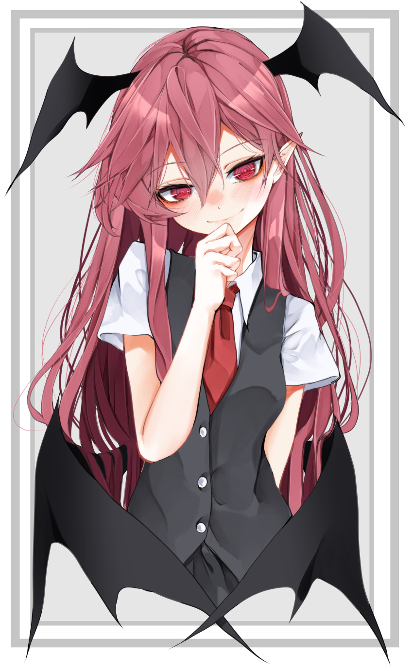 1girl absurdres bat_wings blush cropped_torso eyebrows_visible_through_hair hair_behind_ear hair_between_eyes hand_on_own_chin head_tilt head_wings highres koakuma long_hair looking_at_viewer low_wings necktie pointy_ears red_eyes redhead shirt simple_background smile solo touhou tsune_(tune) upper_body very_long_hair vest white_shirt wings