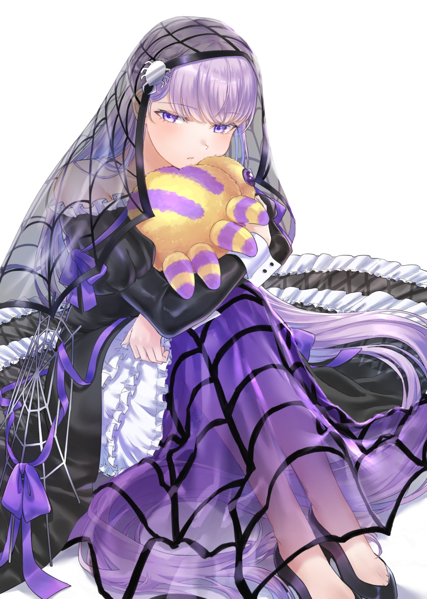 1girl absurdly_long_hair bare_shoulders black_dress black_footwear dress eyebrows_visible_through_hair fire_emblem fire_emblem:_the_binding_blade fire_emblem_heroes frilled_dress frills high_heels highres lolita_fashion long_dress long_hair long_sleeves looking_at_viewer object_hug official_alternate_costume puffy_sleeves purple_hair see-through see-through_dress simple_background sitting solo sophia_(fire_emblem) stuffed_animal stuffed_toy tsukimura_(d24f4z8j3t) veil very_long_hair violet_eyes white_background wrist_cuffs