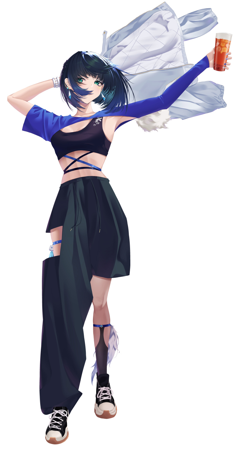 1girl absurdres arm_up armpits arms_up asymmetrical_sleeves blue_hair blue_nails bracelet breasts cup dice drinking_glass earrings eyebrows_visible_through_hair food fruit genshin_impact glass green_eyes hand_up highres holding holding_cup jacket jacket_removed jewelry long_sleeves looking_at_viewer midriff mole mole_on_breast multicolored_hair multicolored_nails nail_polish pants shirt shoes short_hair short_sleeves simple_background sneakers sports_bra sportswear standing strawberry suzu_(user_kdex8732) thigh_strap white_background white_jacket yelan_(genshin_impact)