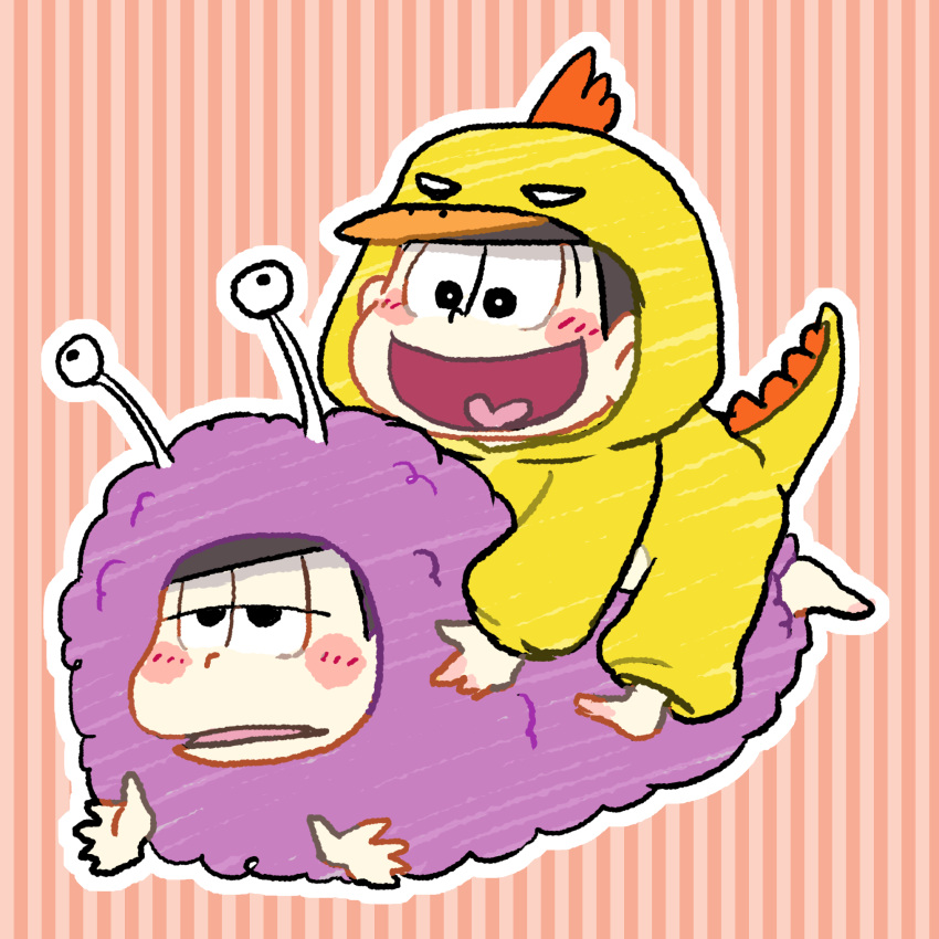 2boys animal_costume bangs barefoot black_eyes blunt_bangs blush blush_stickers bright_pupils brothers brown_hair commentary_request dinosaur_costume full_body half-closed_eyes happy heart heart_in_mouth highres hug long_sleeves looking_at_another looking_down lying male_focus matsuno_ichimatsu matsuno_jyushimatsu miwa_(ahyuck) multiple_boys on_stomach open_mouth osomatsu-san red_background short_hair siblings simple_background slug_costume smile straddling striped striped_background white_pupils wide-eyed
