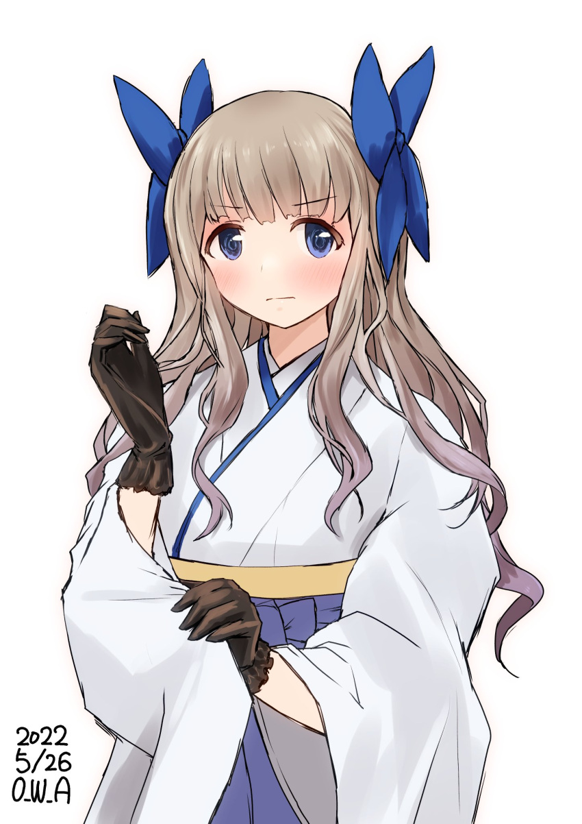 1girl alternate_hairstyle artist_name asakaze_(kancolle) bangs black_gloves blue_bow blue_hakama blunt_bangs bow commentary_request dated gloves hair_bow hakama highres japanese_clothes kantai_collection light_brown_hair long_hair looking_at_viewer meiji_schoolgirl_uniform one-hour_drawing_challenge owa_(ishtail) sidelocks simple_background solo wavy_hair white_background
